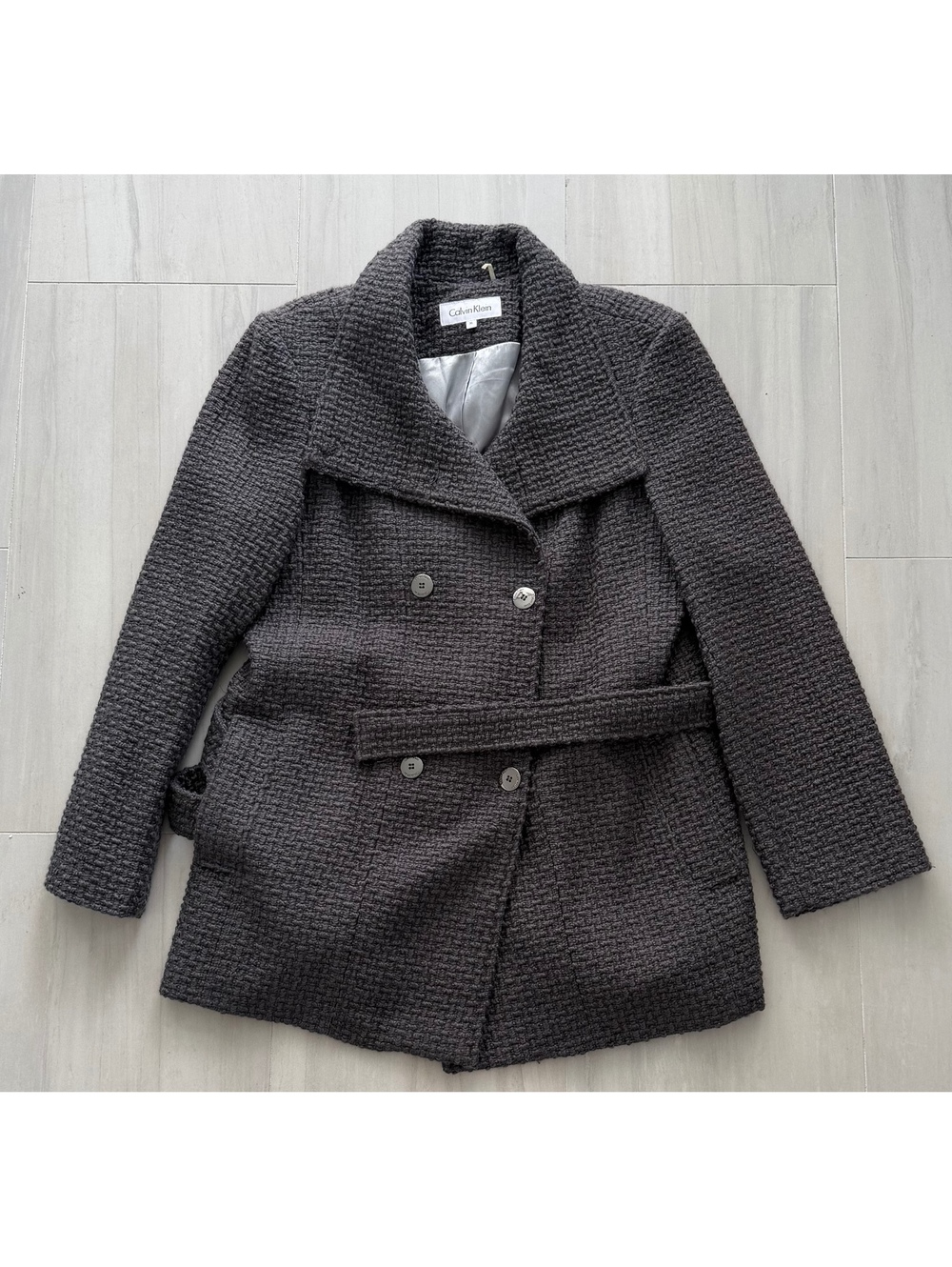 Calvin Klein  Gray Textured Coat with Belt